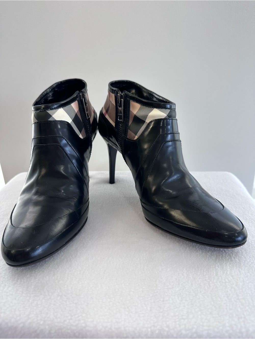 Burberry Black Leather Ankle Boots with Nova Check Accent